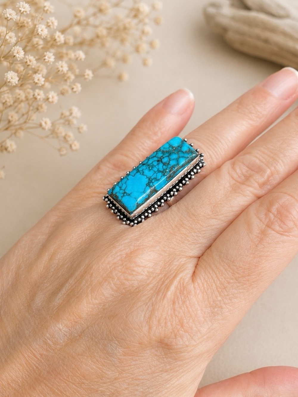 Southwestern Longated Square Genuine Turquoise 925 Silver Ring Sz 7.5